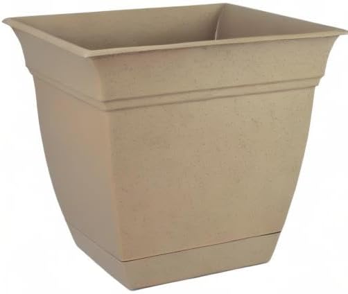 The HC Companies Eclipse Square Plastic Planter w/Attached Saucer - Outdoor & Indoor Plant Pot with Drainage Holes - Lightweight, UV-Resistant Plastic Pots for Plants (8" Sandstone, Pack of 1)