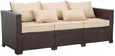 Outdoor Furniture Couch 3 Seater Sofa Outdoor Brown Wicker Sofa Deep Seat High Backrest Patio Couch with Non-Slip Cushions Waterproof Cover, Khaki