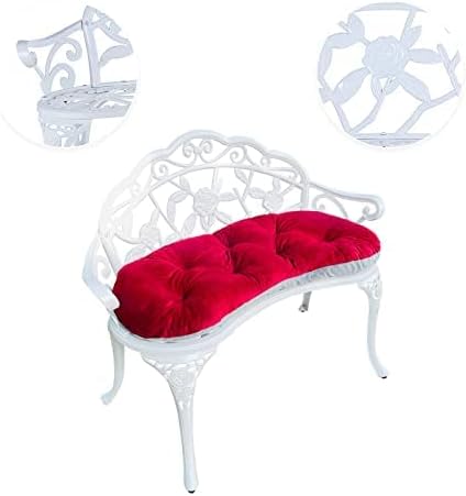 Mandolin Outdoor Park Garden Chair,All Chair Anti Rust Cast Aluminum Patio Yard Bench,Carved Rose Loveseat Bench for Backyard .Porch.Balcony.Lawn (White with Cushion)