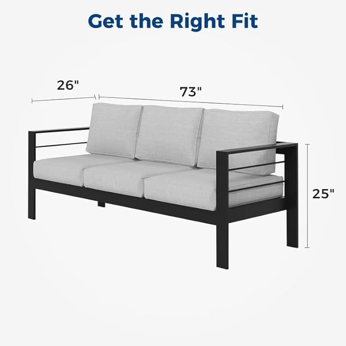Kiss the Water Outdoor Couch Aluminum Patio Furniture Sofa, 3 Seat All-Weather Metal Patio Couch with 5" Thick and Soft Cushion and Wide Arm, Outdoor Sofa for Balcony, Porch