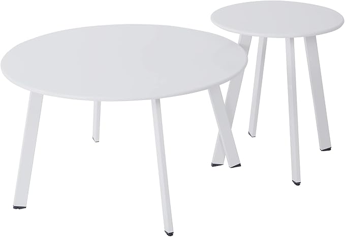 Patio Outdoor Coffee Table Set of 2 - Weather Resistant Outdoor Round End Table Modern Coffee Tables for Living Room Balcony Home Office (White)