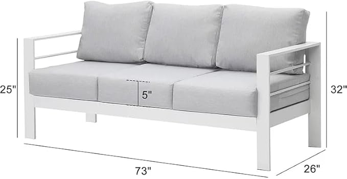 Kiss the Water Outdoor Couch Aluminum Patio Furniture Sofa, 3 Seat All-Weather Metal Patio Couch with 5" Thick and Soft Cushion and Wide Arm, Outdoor Sofa for Balcony, Porch