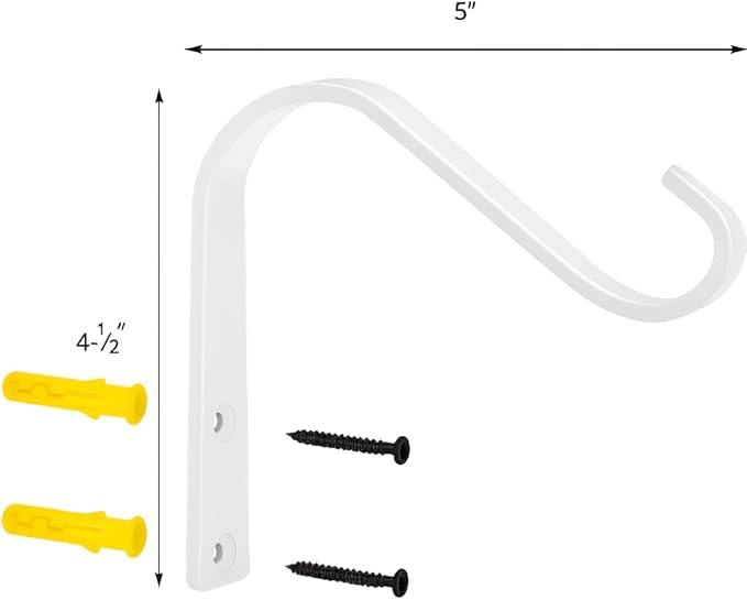5 Inch Cast Iron Plant Hook – White Wall Mounted Hanging Bracket for Large Baskets, Lanterns or Wind Chimes – Sturdy Metal Hook with Screws for Indoor Outdoor Use