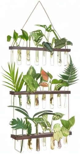 Mkono Plant Propagation Tubes, 3 Tiered Wall Hanging Terrarium with Wooden Stand & 21 Test Tube Vases for Hydroponic Plant Cutting & Home/Office Decor