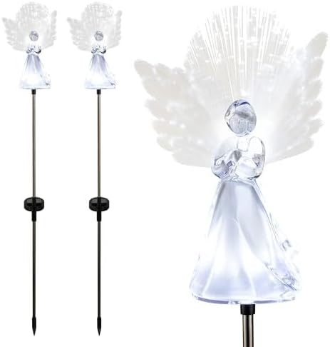 Alpine Corporation 37”H Outdoor Solar Angel Garden Stakes with Fiber Optic Wings and LED Lights (Set of 2)