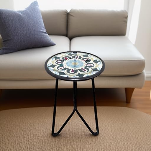 LIFFY Outdoor Side Table,12" Indoor Small Round Glass Tabletop Accent Table with Metal Frame, Home Decorative Plant Stand & End Table Outside for Patio, Garden, Yard, Kitchen, Porch