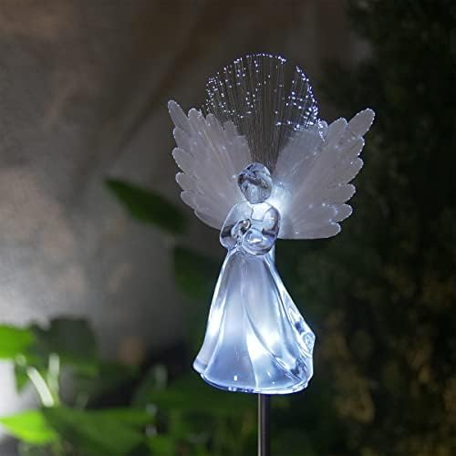 Alpine Corporation 37”H Outdoor Solar Angel Garden Stakes with Fiber Optic Wings and LED Lights (Set of 2)