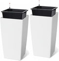 30 Inch Tall Self Watering Planters Set of 2, Outdoor Plant Pots with Automatic Watering System, Water Level Monitor, Drainage, Wheels & Inner Bucket, for Front Porch & Indoor Plants White