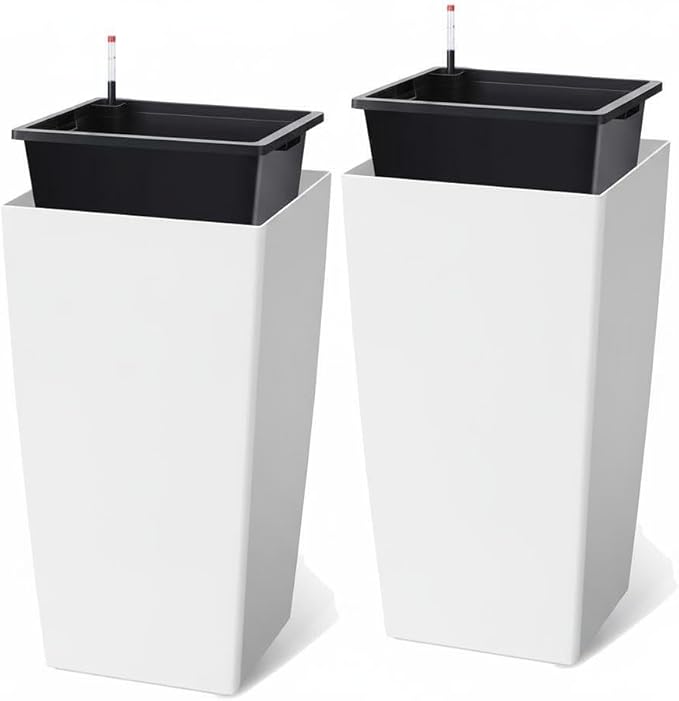 30 Inch Tall Self Watering Planters Set of 2, Outdoor Plant Pots with Automatic Watering System, Water Level Monitor, Drainage, Wheels & Inner Bucket, for Front Porch & Indoor Plants White