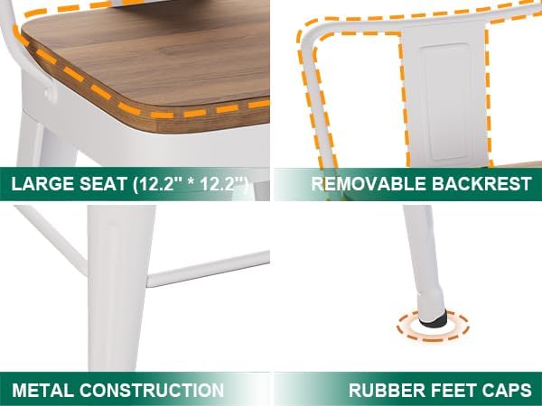 WENTMENT Metal Bar Stools Set of 2 Counter Height Barstools with Removable Back 30" Kitchen Bar Stools with Wooden Seat,Off White