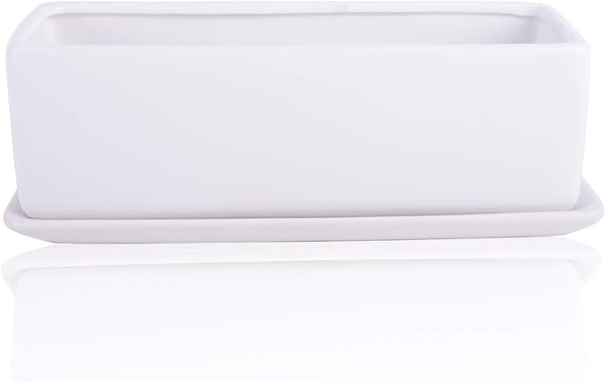 Vencer 12 Inch Rectangular Modern Minimalist Ceramic Succulent Planter Pot - Window Box with Saucer,Office Desktop Potted Stand,White,VF-0135