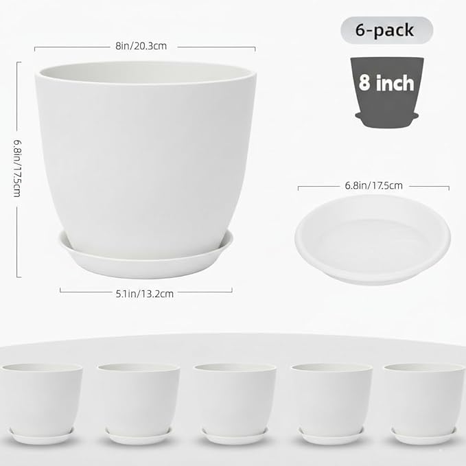 Plant Pots 8 Inch Set of 6, Flower Pots with Drainage Holes and Saucer, Plastic Garden Planters for Indoor & Outdoor Plants (White)