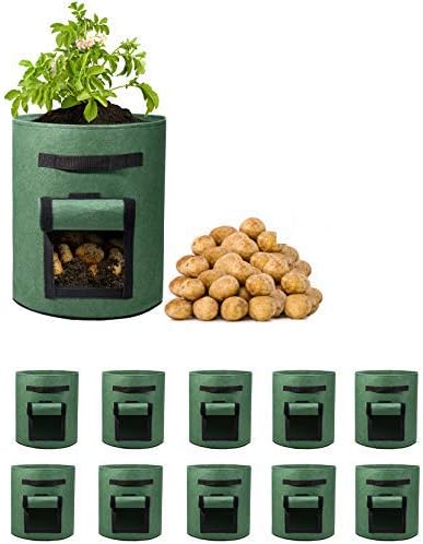 Delxo 10 Pack 10 Gallon Potato Grow Bags,Grow Bags for Vegetable with Window, Double Layer Premium Breathable Nonwoven Cloth for Potato/Plant Container/Aeration Fabric Pots with Handles in Green