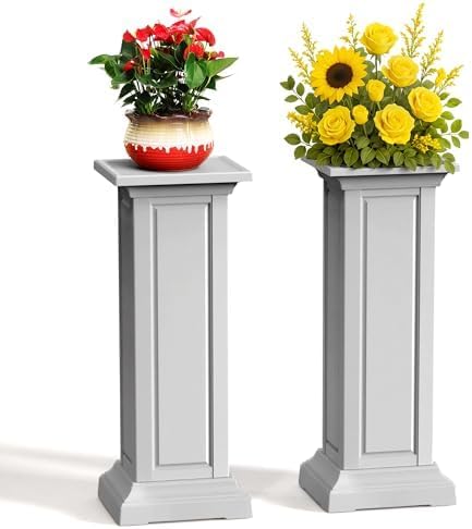 36in Tall Resin Planter Set of 2,Large Outdoor Planter for Porch, Garden, and Balcony, Weight-Bearing Top, Weather-Resistant, Classic Estate Design for Flowers and Trees(Ashen)