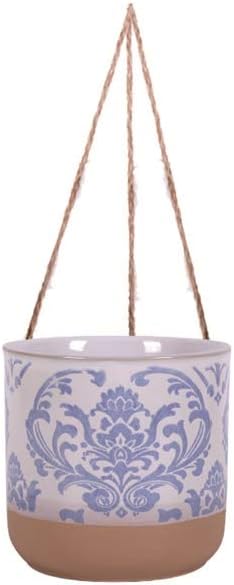 Blue Sky Clayworks 5" Hanging Chantel Blue Planter, Ceramic, 6" x 6" x 5", Soft Blue Damask & Clay Foot