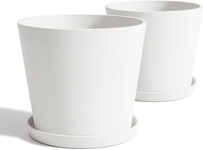Wide Planters for Outdoor Plants, Extra Large Indoor Flower Pots for Garden, Front Porch, Patio - Round Resin Planter Set of 2 (White, 16 inch - 2 Pack with Saucers)