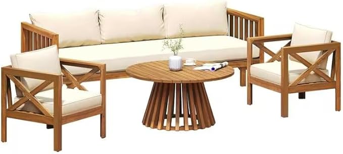 Merax Outdoor 4-Piece Acacia Wood Conversation Set - Patio 3-Seat Loveseat Sofa w/Coushion, 2 Armchair and Round Coffee Table for Backyard, Lawn, Balcony, Teak + Beige