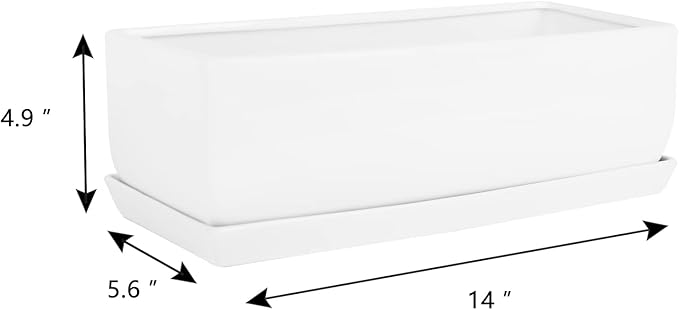 Vencer 14 Inch Rectangular Modern Minimalist Ceramic Succulent Planter Pot - Window Box with Saucer,Office Desktop Potted Stand,White,VF-0173W