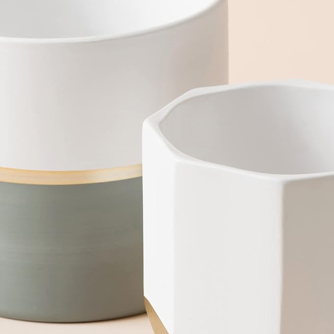 LA Jolie Muse White Ceramic Flower Pot Garden Planters 6.7 Inch Pack 2 Indoor Plant Containers with Gold and Grey Detailing