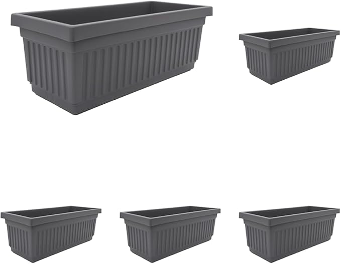 The HC Companies 30 Inch Venetian Rectangular Window Planter Box - Lightweight Plastic Indoor Outdoor Plant Pot with Drainage for Windowsill, Herbs, Flowers, Warm Gray (Pack of 5)