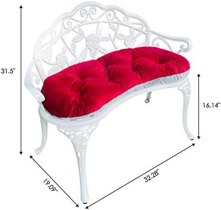 Mandolin Outdoor Park Garden Chair,All Chair Anti Rust Cast Aluminum Patio Yard Bench,Carved Rose Loveseat Bench for Backyard .Porch.Balcony.Lawn (White with Cushion)