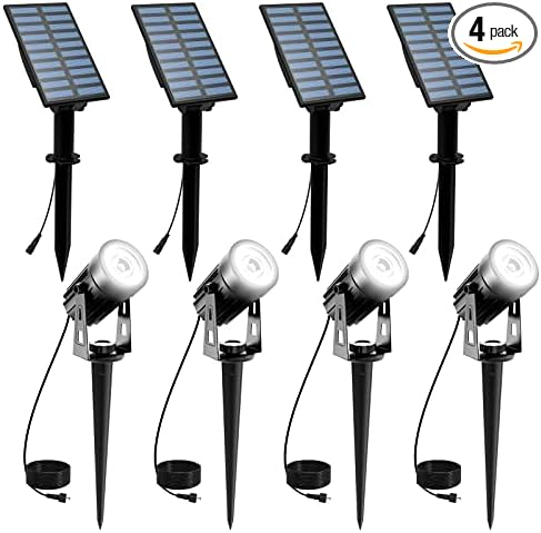 T-SUNUS Solar Spot Lights Outdoor White Christmas 4 Pack IP65 Waterproof Landscape Spotlights 6000K Separate Panel with 9.8ft Cable Auto On/Off for Flag Pond Trees Driveway Garden Pathway Halloween