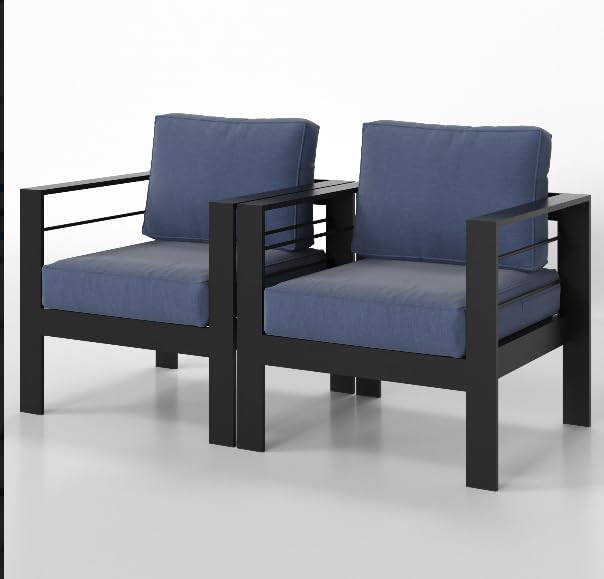Solaste Patio Furniture Metal Armchair, 2 PCS All-Weather Aluminum Garden Outdoor Contemporary Sofa Chair with Cushions, Blue