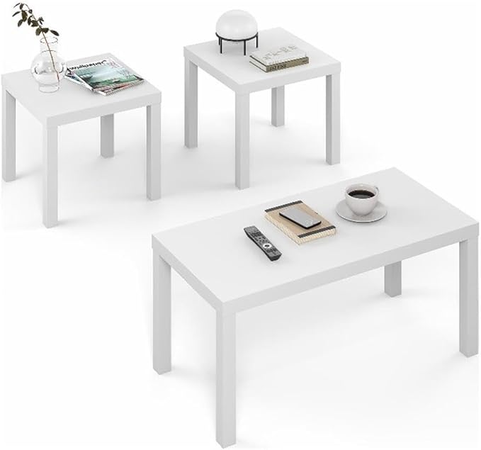 Furinno Classic Living Room Table Set of 3, Modern Rectangle Coffee Table with 2 Side Tables, End Tables, 1.65 Inch Thick Tabletop for Living Room, Home Office, White