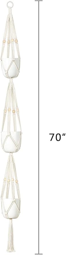 Mkono Macrame Plant Hanger 3 Tier Indoor Outdoor Hanging Planter Basket Cotton Rope with Beads 70 Inches (Pots and Plants NOT Included)
