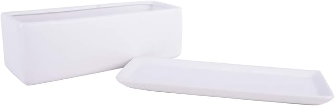 Vencer 12 Inch Rectangular Modern Minimalist Ceramic Succulent Planter Pot - Window Box with Saucer,Office Desktop Potted Stand,White,VF-0135