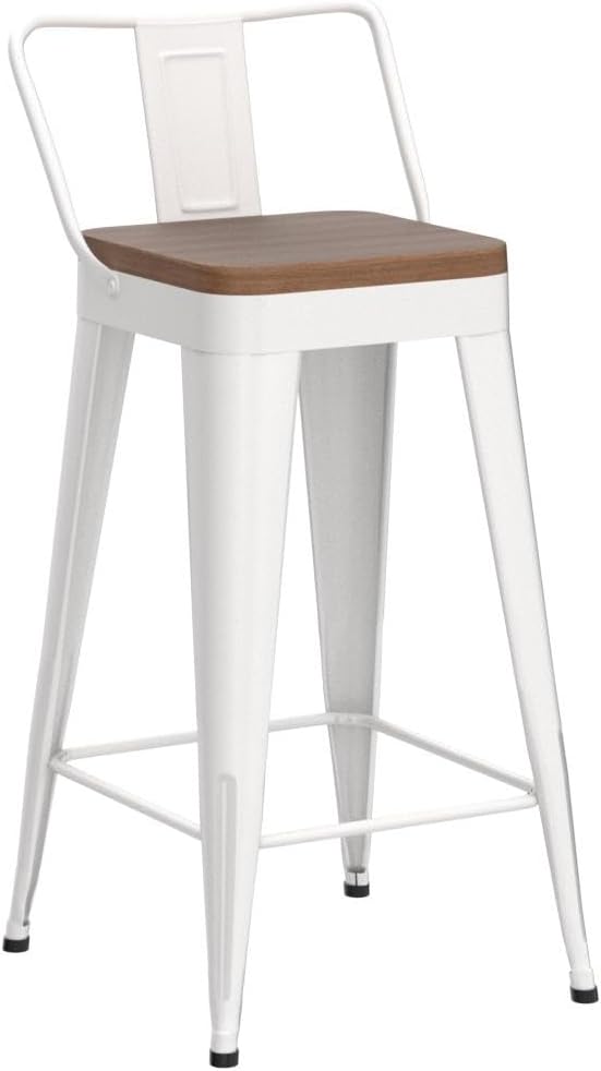 WENTMENT Metal Bar Stools Set of 4 Counter Height Bar Stools Barstools with Removable Back 24" Kitchen Bar Stools with Wooden Seat,Off White