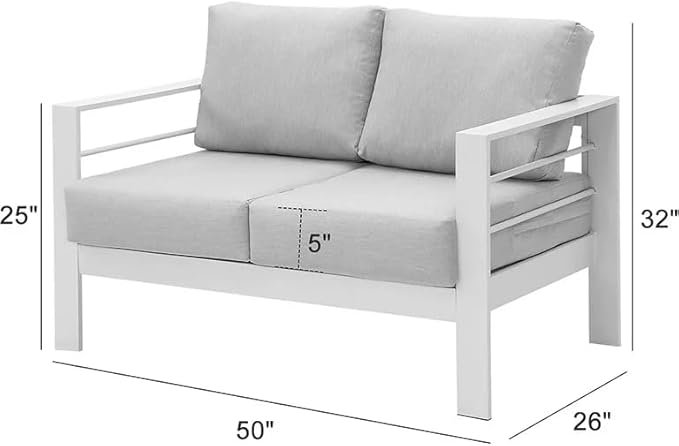 Kiss the Water Outdoor Patio Furniture Loveseat Sofa, All-Weather Metal Aluminum Patio Couch with 5" Thick and Soft Cushion and Wide Arm, Outdoor Couch for Balcony, Porch, Backyard