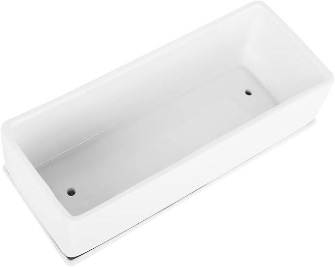 Vencer 14 Inch Rectangular Modern Minimalist Ceramic Succulent Planter Pot - Window Box with Saucer,Office Desktop Potted Stand,White,VF-0173W