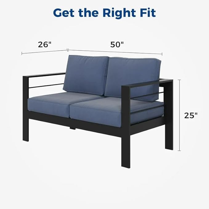 Kiss the Water Outdoor Patio Furniture Loveseat Sofa, All-Weather Metal Aluminum Patio Couch with 5" Thick and Soft Cushion and Wide Arm, Outdoor Couch for Balcony, Porch, Backyard