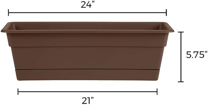 Bloem Dura Cotta Window Box Planter: 24" - Chocolate - with Tray, Weatherproof Resin Box, Removable Tray for Indoor & Outdoor Use, Gardening, 3 Gallon Capacity