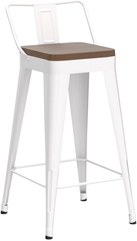 WENTMENT Bar Stools Set of 4 Counter Height Bar Stools Metal Barstools with Removable Back 26" Kitchen Bar Stools with Wooden Seat, Off White