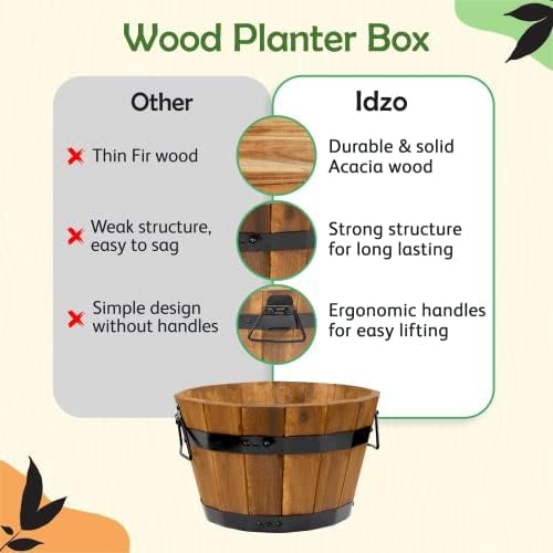 Idzo Set of 3 Wooden Upgraded Brown Orange Flower Boxes Outdoor, Durable Acacia Wood Barrel Planters for Outdoor Plants with Ergonomic Handles, Drainage Holes, Multiple Sizes Wood Bucket Planter