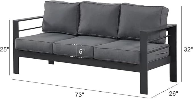Kiss the Water Outdoor Couch Aluminum Patio Furniture Sofa, 3 Seat All-Weather Metal Patio Couch with 5" Thick and Soft Cushion and Wide Arm, Outdoor Sofa for Balcony, Porch
