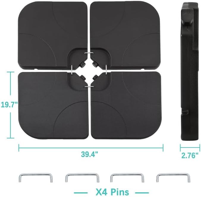 VECELO 4-Piece Heavy-Duty Cantilever Offset Patio Umbrella Base/Stand Outdoor, Square Plate Set with Lock Pins, Easy-Fill Spouts for Water/Sand, for Garden, Backyard and Poolside, Black