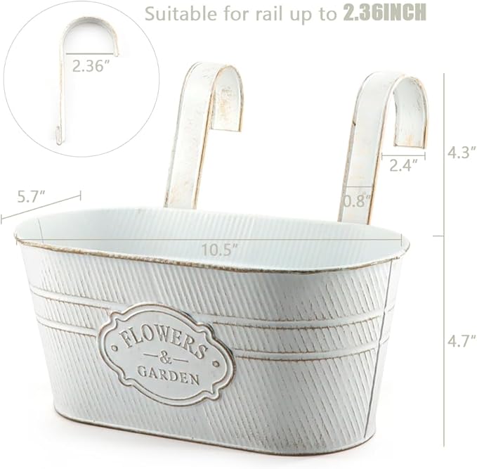 3 Pack Metal Railing Planters, 10.5" Oval Hanging Flower Pots with Detachable Hooks & Drainage Holes, Fits Rails up to 2.36", Galvanized Iron Fence Bucket for Balcony Garden Patio - Letter White