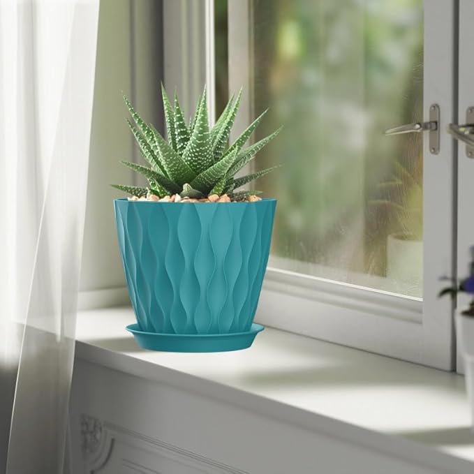 7 Inch Plant Pots 5 Pack, Flower Planters with Drainage Holes and Trays,Plastic Pots for Indoor Outdoor Plants,Green
