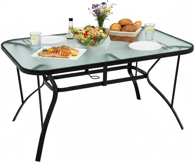 Tangkula 55" Patio Dining Table for 6, Rectangle Outdoor Dining Table with Tempered Glass Tabletop, Umbrella Hole & Metal Frame, 6-Person Outside Dining Table for Backyard, Lawn, Deck & Poolside