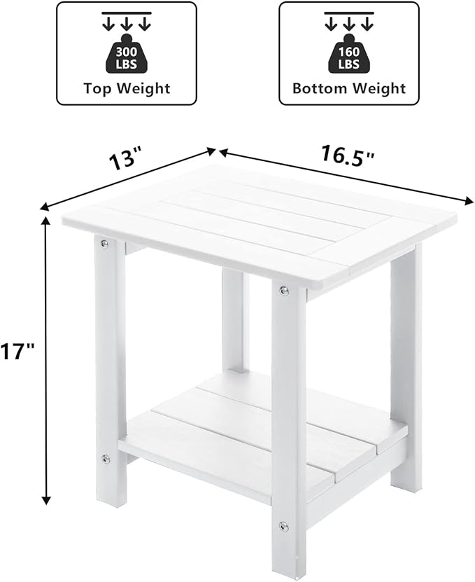 Double Adirondack Outdoor Side Table Weather Resistant, Patio Rectangular End Table for Adirondack Chair, White