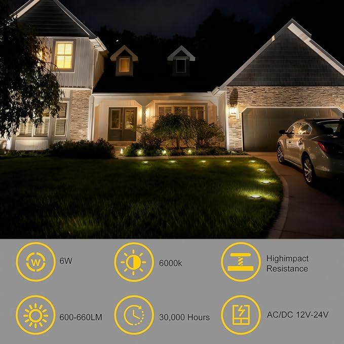 JESLED Landscape Lighting 6W LED Well Lights, 12V 24V Ground Lights 6000K Bright White, IP67 Waterproof Low Voltage Landscape Light Spotlight for Driveway Deck Patio Yard Garden Outdoor (6 Pack)