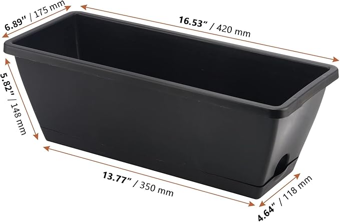 LEXININ 6 Pack 17 Inch Black Plastic Rectangular Window Planter Box, Window Vegetable Planter Box with Trays, Rectangular Flower Pots for Windowsill, Garden, Balcony, Patio, Black