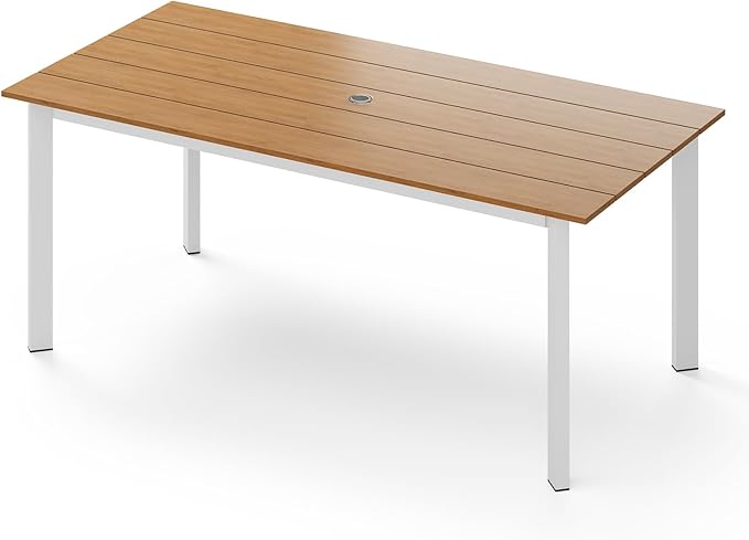 67"*32.3"*29.5" Patio Dining Table, Seamless Rectangle Aluminum + HDPS Outdoor Patio Dining Table with Umbrella Hole, Weather-Resistant for Lawn, Garden, Yard and Indoor Use (White & Teak)