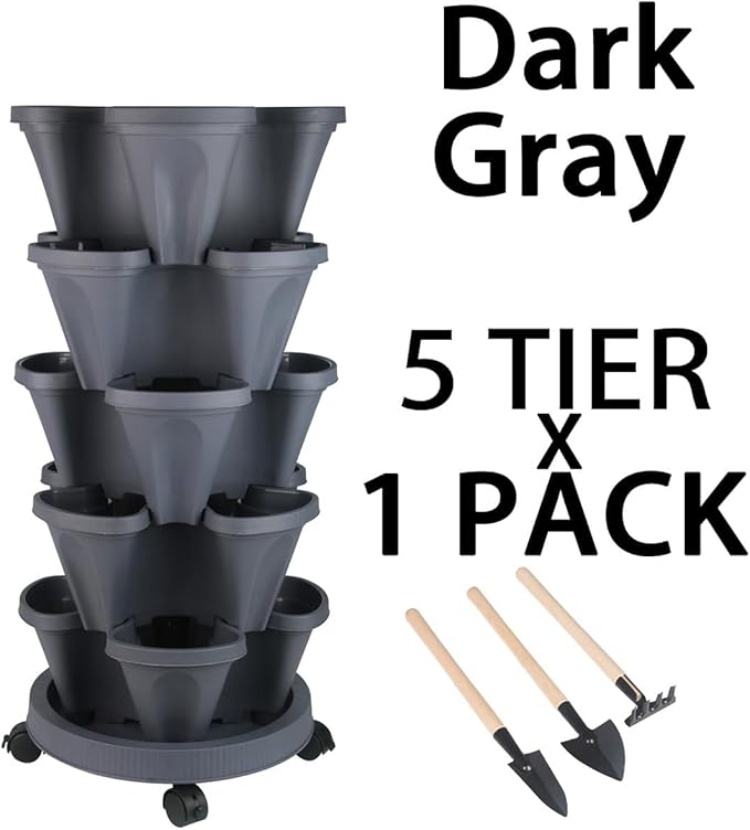 GameXcel Vertical Planter 5 Tier Stackable Planters Garden Planters Strawberry Herb Flower and Vegetable Planter Indoor Outdoor Gardening Pots with Removable Wheels and Tools - Dark Gray