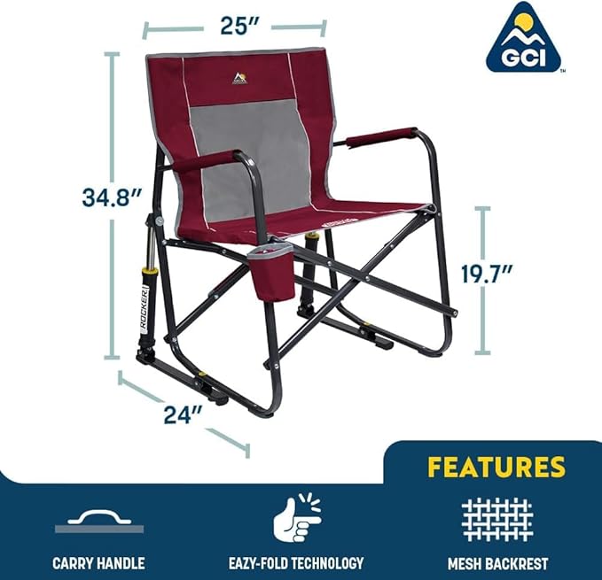 GCI Outdoor Freestyle Rocker Camping Chair | Portable Folding Rocking Chair with Solid, Durable Armrests, Drink Holder & Comfortable Backrest — Indigo Blue