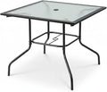 Tangkula 35 Inch Patio Dining Table with Tempered Glass Top, Square 4-Person Outdoor Bistro Table with 1.5" Umbrella Hole & Sturdy Metal Frame, Patio Dining Table for Backyard, Lawn, Deck & Poolside