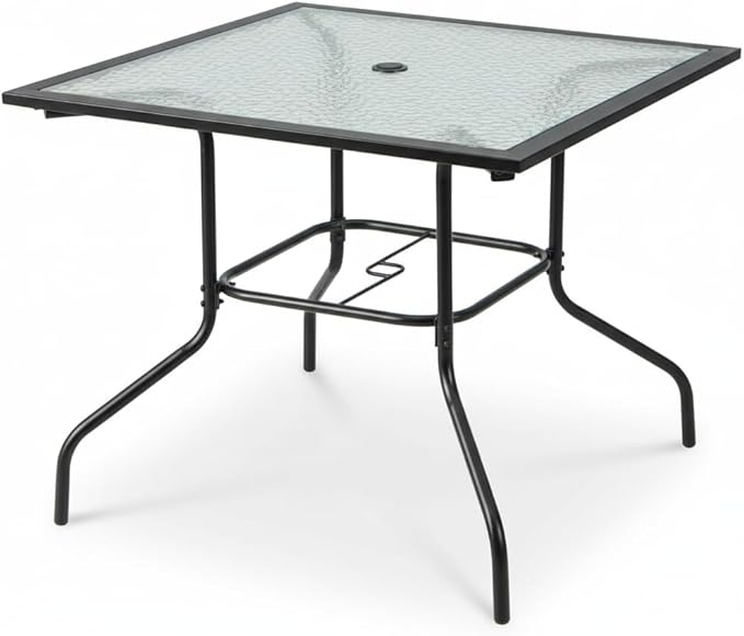 Tangkula 35 Inch Patio Dining Table with Tempered Glass Top, Square 4-Person Outdoor Bistro Table with 1.5" Umbrella Hole & Sturdy Metal Frame, Patio Dining Table for Backyard, Lawn, Deck & Poolside